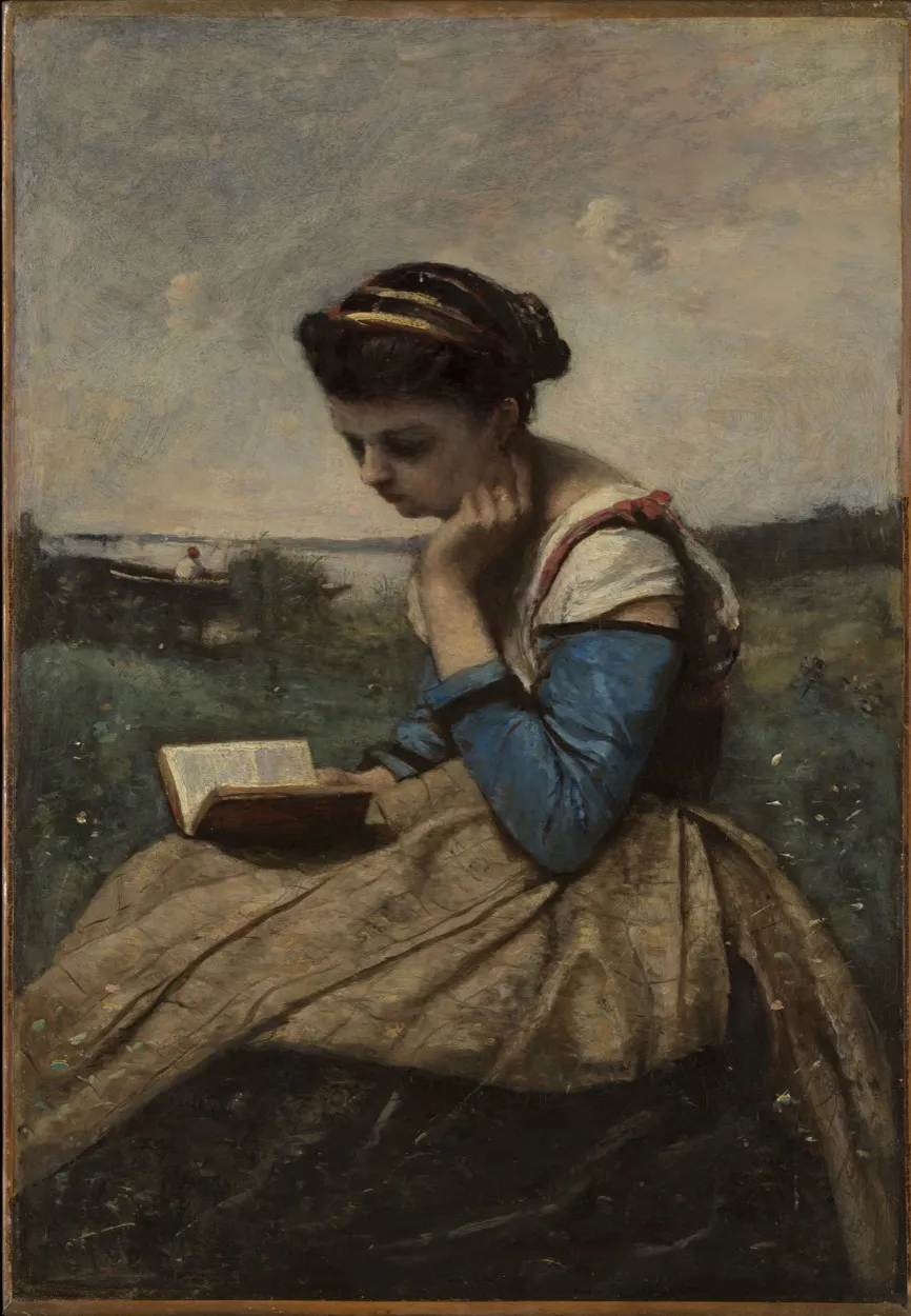 A seated woman absorbed in reading against a softly painted landscape