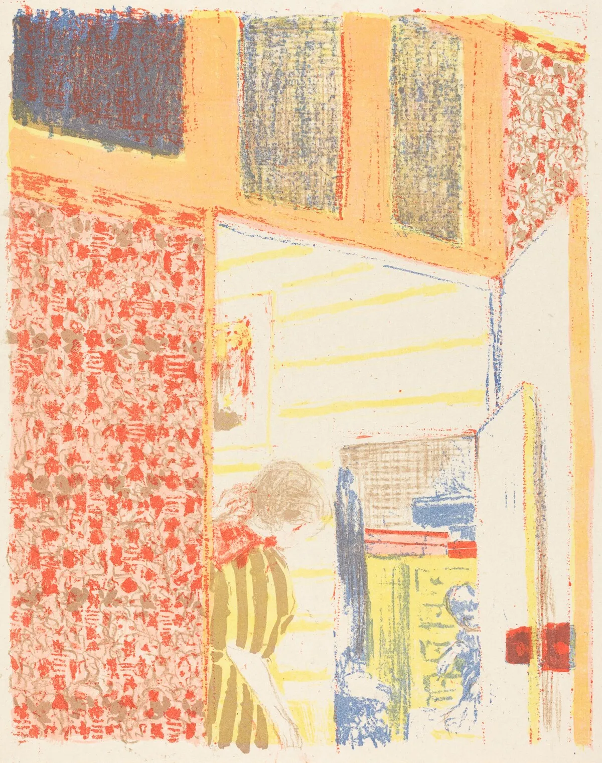 A softly patterned interior opening into another room, rendered in warm pink, yellow and blue