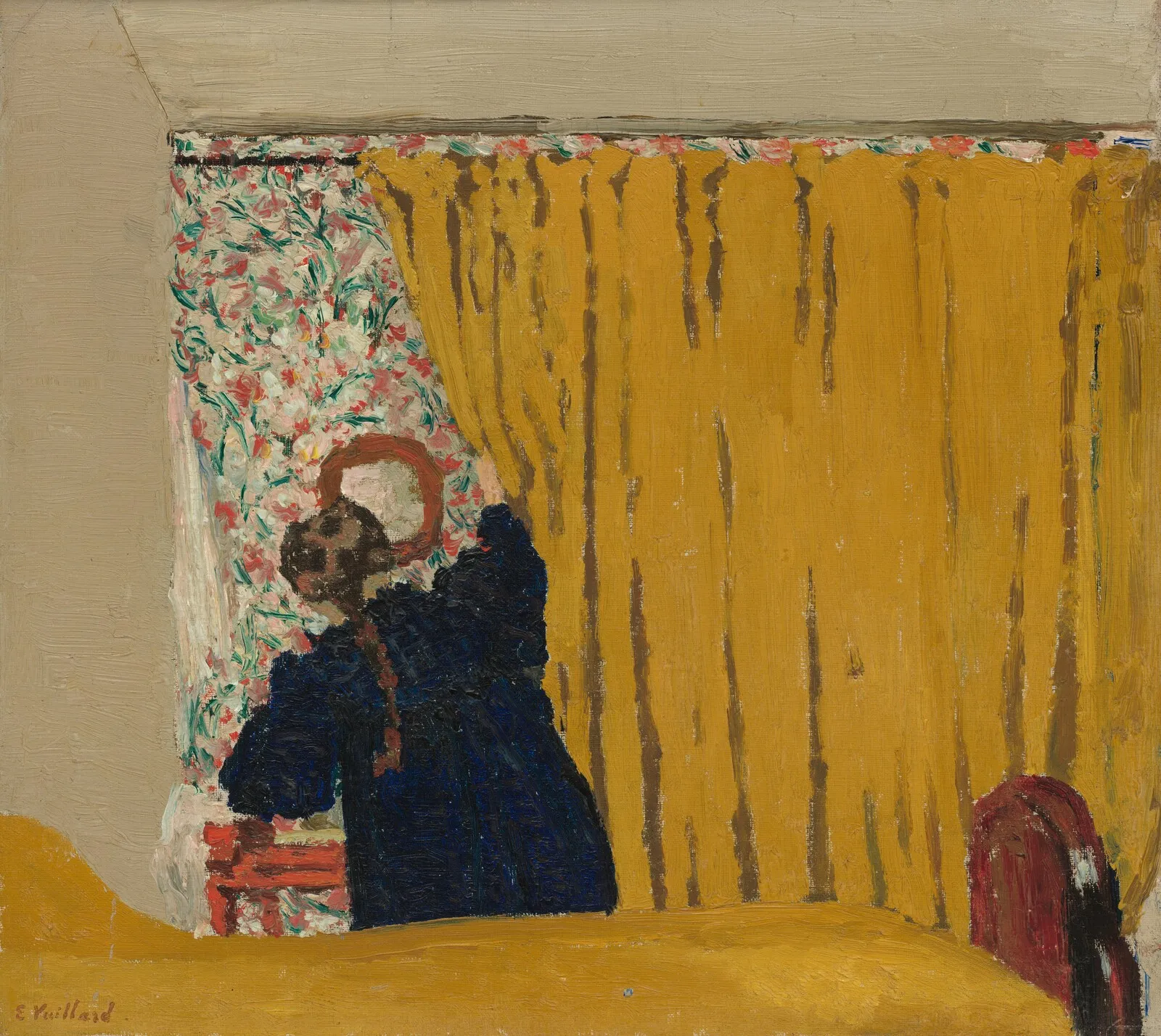 An intimate interior with two figures beside a floral screen and a rich yellow curtain